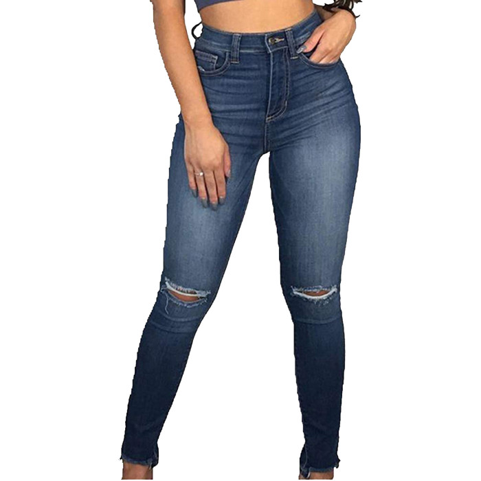 Fashion high waist denim tight pants with holes