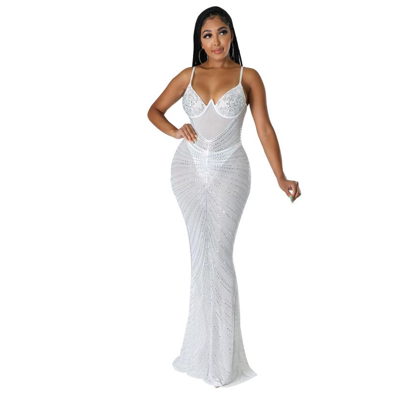 Sexy Mesh Hot Diamond Nightclub Strap Dress