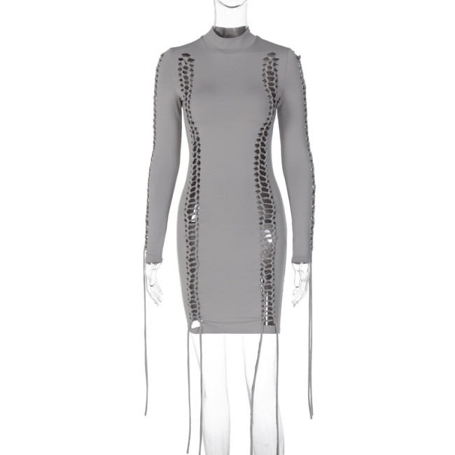 Fashion Sexy Stitching Hollow Long Sleeve Package Hip Dress For Women