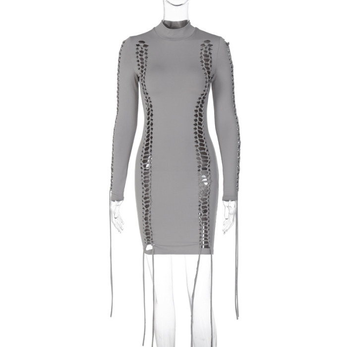 Fashion Sexy Stitching Hollow Long Sleeve Package Hip Dress For Women
