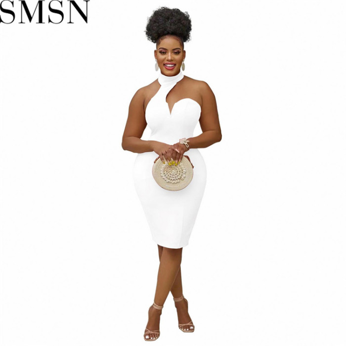 Plus Size Dress fashion pure color halter wrapped chest sleeveless cold shoulder dress