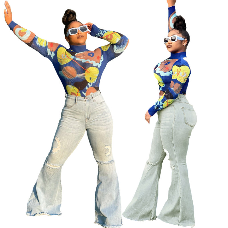 Fashionable wide leg high waist jeans flared pants