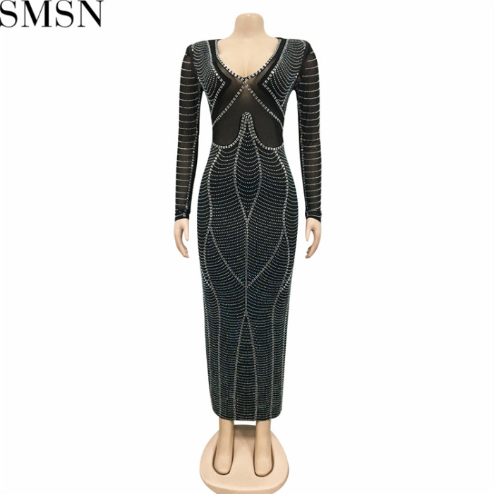 Casual Dress sexy nightclub hot rhinestone mesh see through V neck long sleeve dress for women