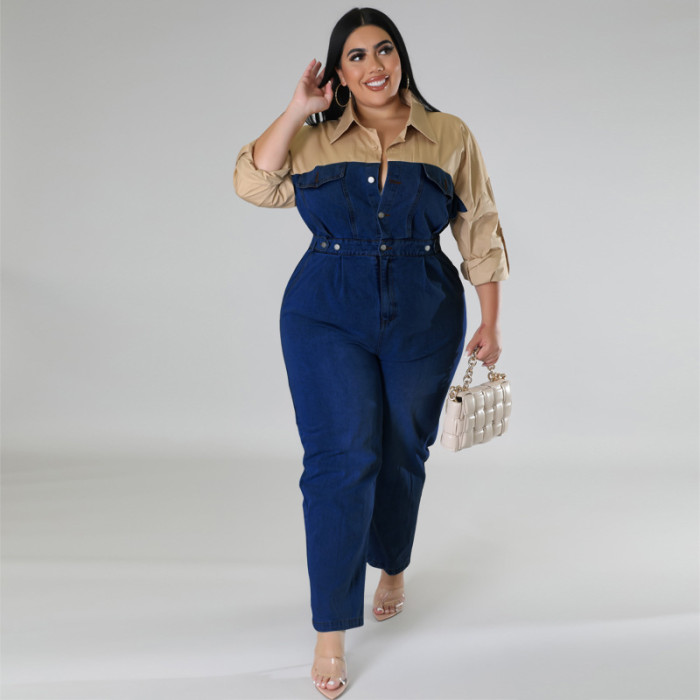 Plus Size Dress European and American wholesale supply denim contrast color dress