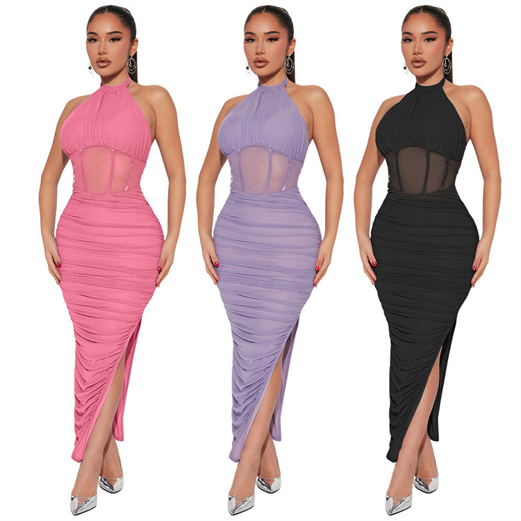 Dresses Women Halter Neck Sleeveless Mesh Double Slit Sexy Evening Dress