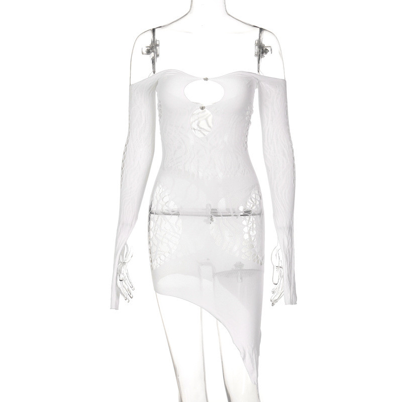 One-Line Collar Leaky Shoulder Hollow Women'S Long-Sleeved Dress