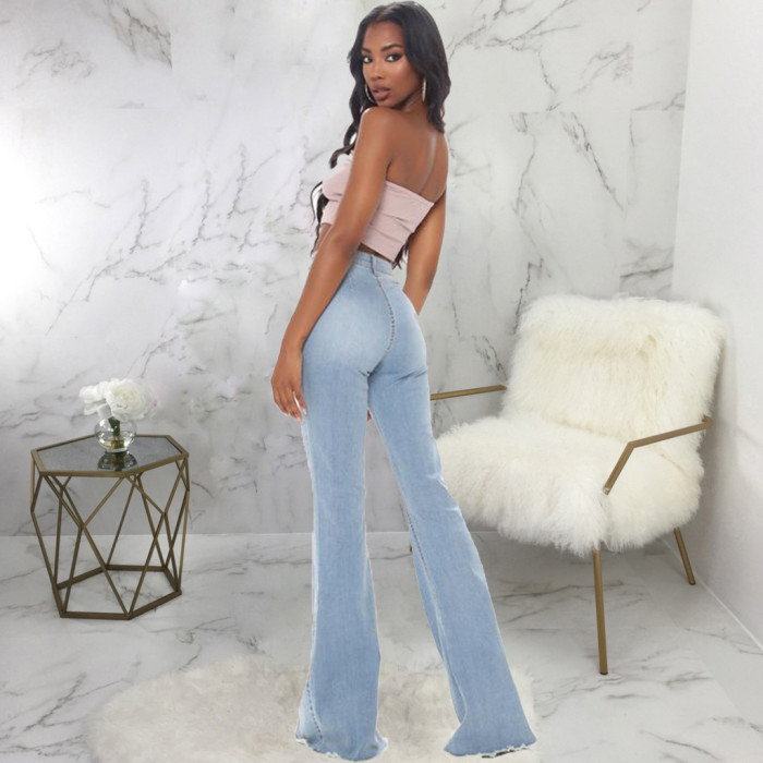 Fashion stitching washed jeans stretch flared pants