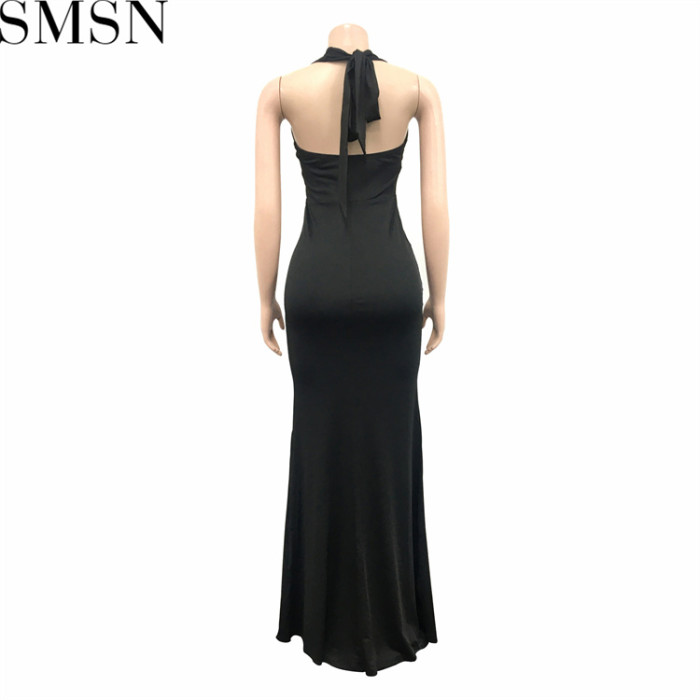 Plus Size Dress fashion V neck backless ribbon pleated solid color dress for women