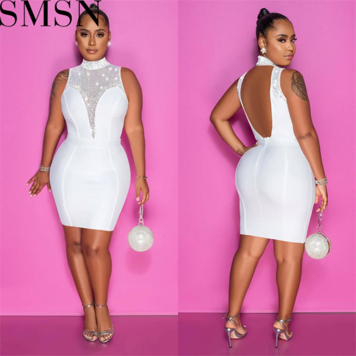 Plus Size Dress fashion women wear solid color rhinestone mesh see through sleeveless dress