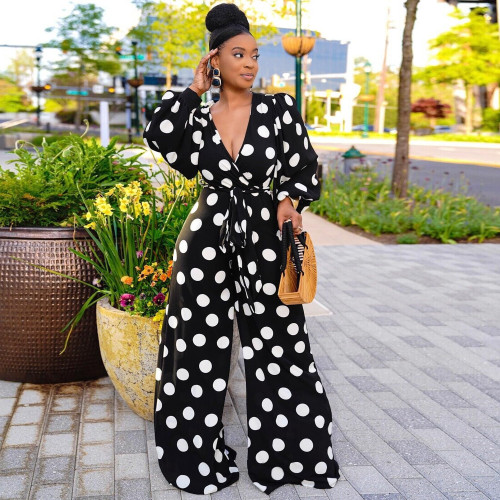 Sexy personality deep V strap wave point Jumpsuit