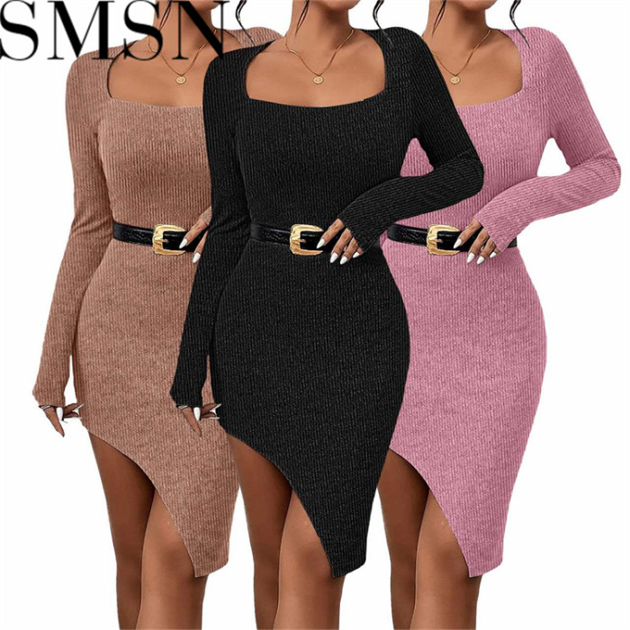 Plus Size Dress Amazon new spring and summer square collar fashion slit irregular sexy dress