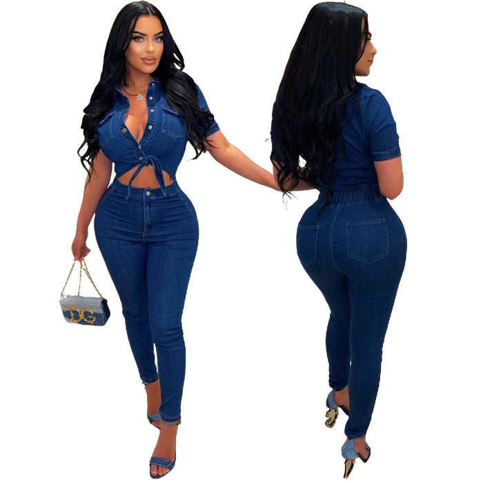 Sexy slim fitting fashion short sleeved denim jumpsuit