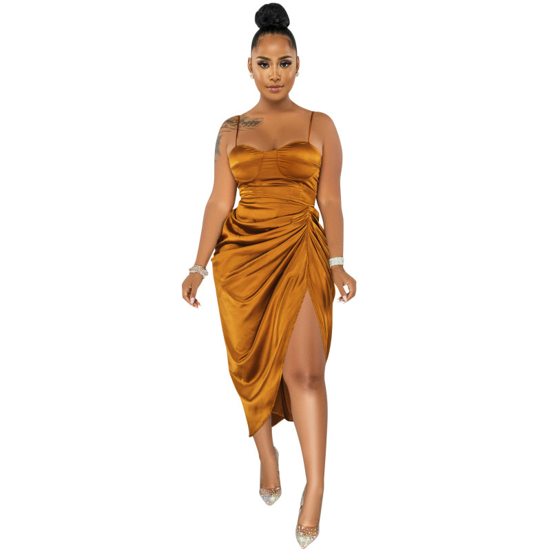 Evening Dresses 2022 Fashion solid color women sexy spaghetti straps chest wrap crimp split dress