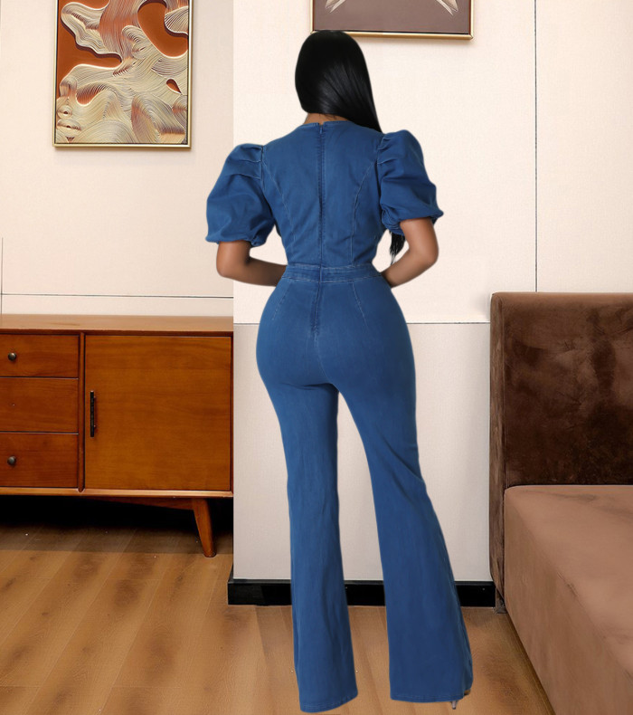 Lantern sleeve fashion casual sexy denim hollow out jumpsuit