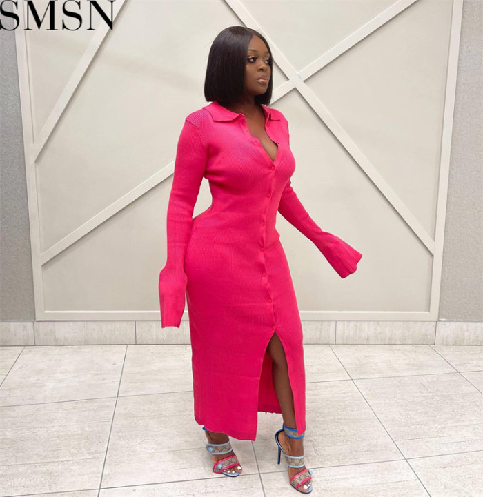 Fashion women dress Amazon long sleeve V neck long button bell sleeve dress sweater