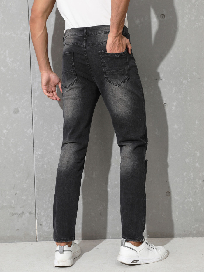 Casual men's stretch pierced dark gray jeans
