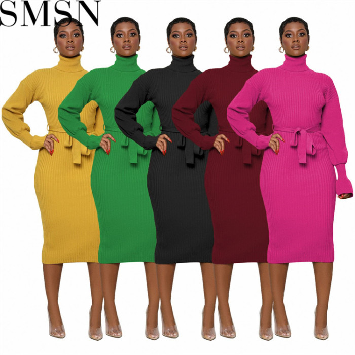 Plus Size Dress European and American women clothing solid color turtleneck knitting tied dress