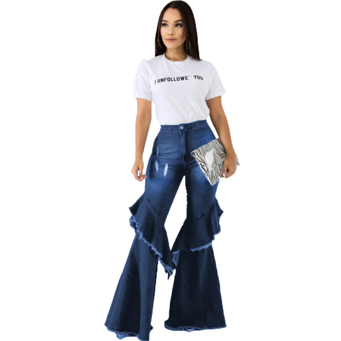 Fashion denim flared pants with hole stitching