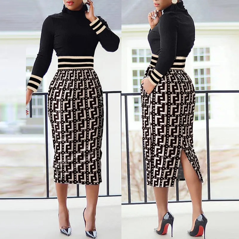 Oversize sexy printed hip long sleeve dress