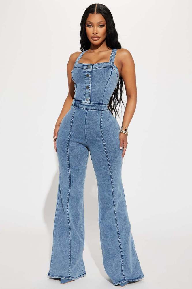 Fashionable casual sexy shoulder strap denim jumpsuit
