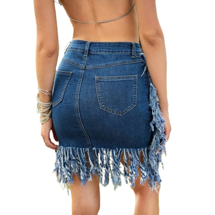 Sexy water wash denim tassel high waist skirt
