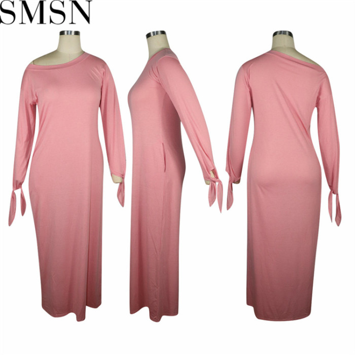 Plus Size Dress solid color cotton long sleeve cuff knotted dress long skirt with pockets on both sides