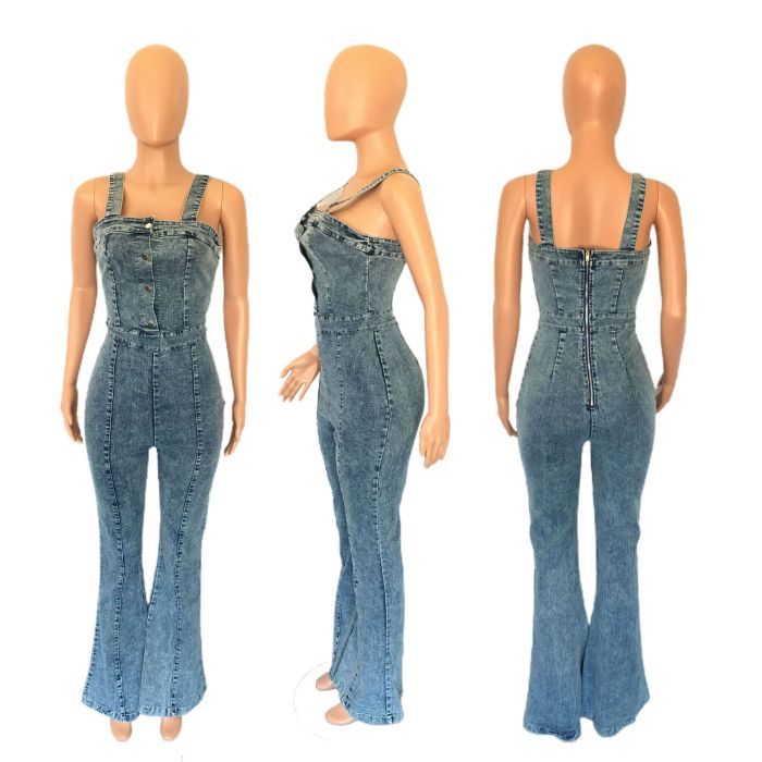 Fashionable casual sexy shoulder strap denim jumpsuit