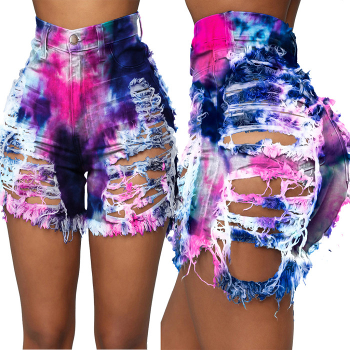 Fashion sexy pierced tie dyed denim shorts