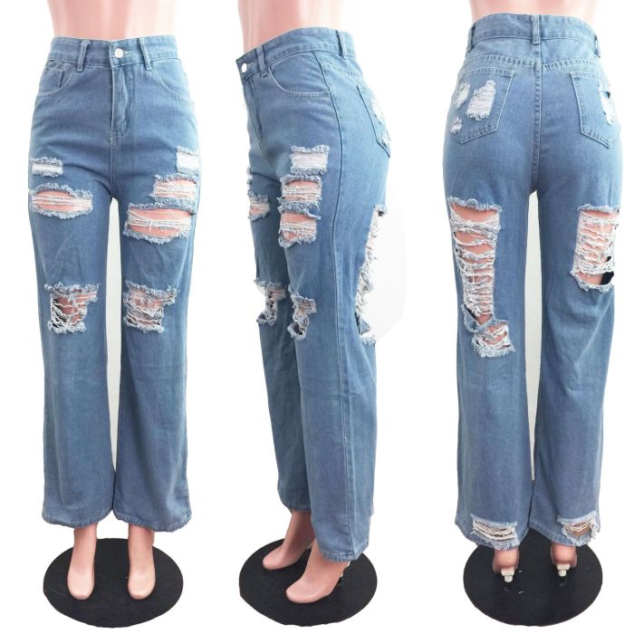 Casual loose High Waist Wide Leg Jeans with holes