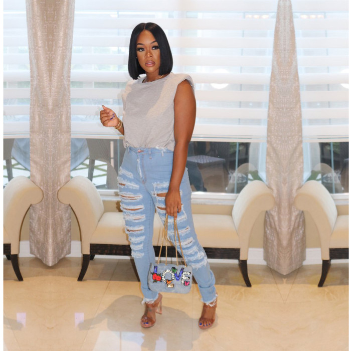 Casual fashion washed torn jeans