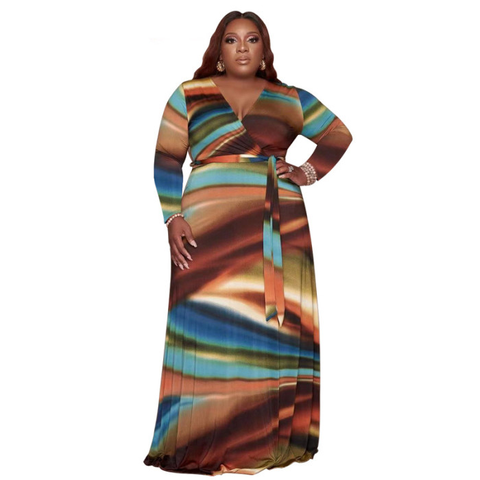 Plus Size Dress Amazon abstract printing with belt deep V neck fashion tight large size dress