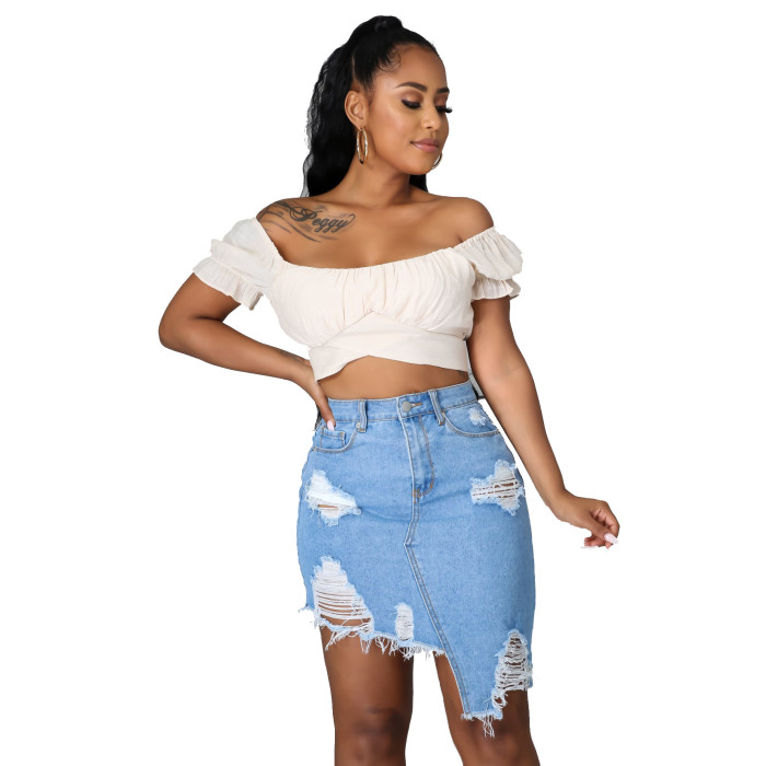 Sexy hole irregular straight denim skirt
