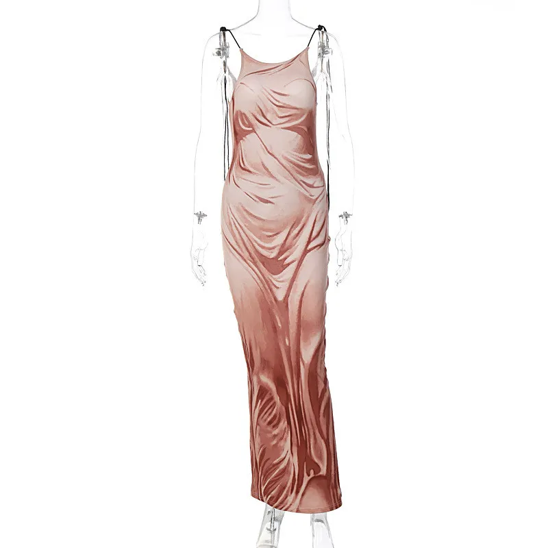 Fashion Printed Fit Light Mature Long Dress Suspender Backless Dress Women'S Clothes