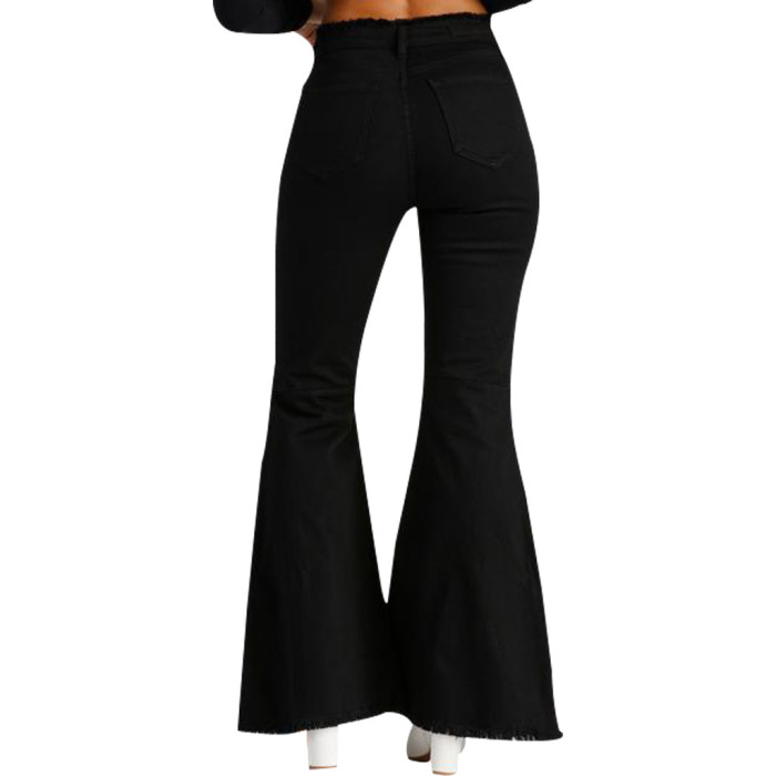 Jeans flared trousers with broken knees