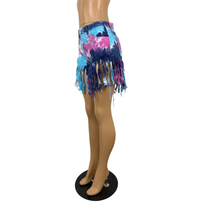 Tie dyed denim shorts with tassels