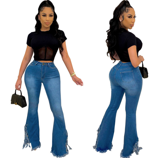 Washed elastic denim flared pants