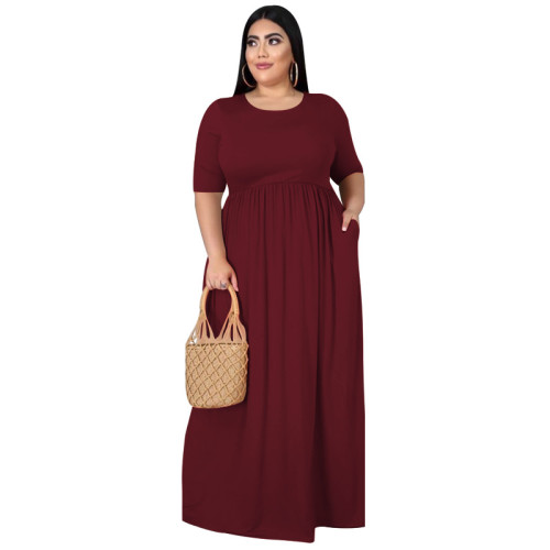 Fashion women dress solid color round neck loose casual plus size dress