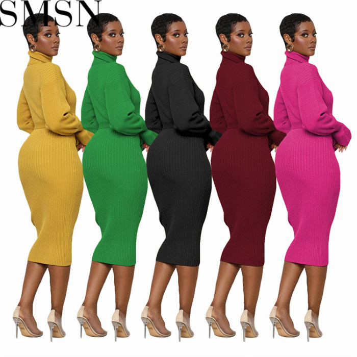 Plus Size Dress European and American women clothing solid color turtleneck knitting tied dress