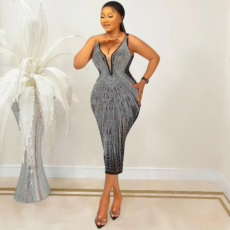 Fashion women dress suspenders sexy tight V-neck rhinestone dress for women plus size casual dress