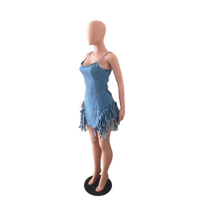 Fashionable open back denim skirt with strap