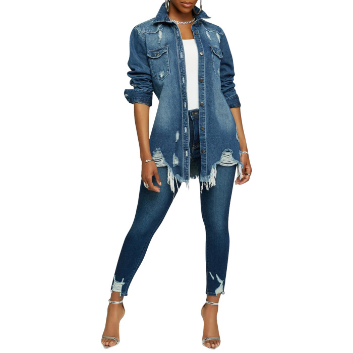 Fashion torn denim two-piece set