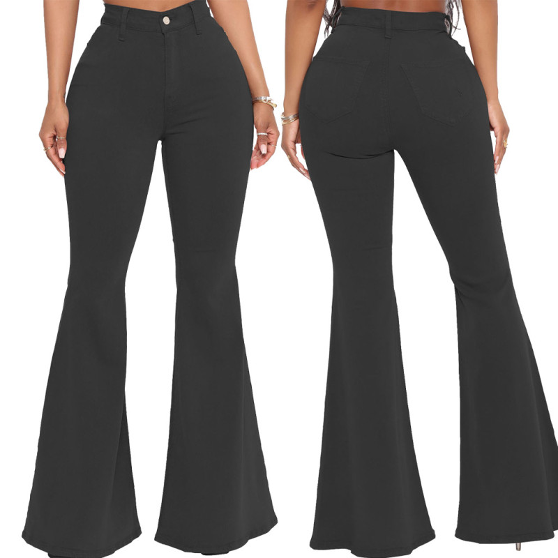 Fashion high waist elastic denim flared pants