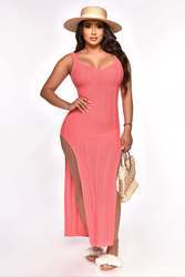 Summer beach V-neck long Dress knitted slit backless sexy dress Women
