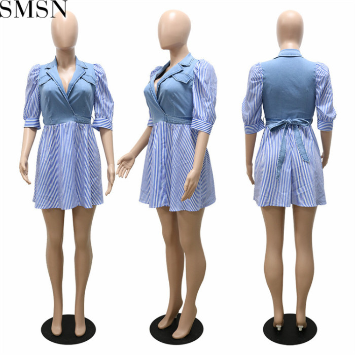 Fashion women dress striped digital printing patchwork stand up collar denim dress