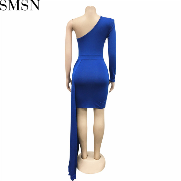 Plus Size Dress fashion solid color single sleeve casual diagonal collar dress women clothing