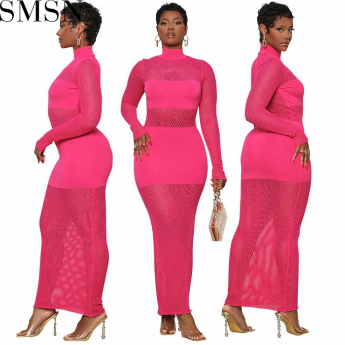 Plus Size Dress Amazon Popular Sexy Solid Color Mesh Stitching Long Sleeves Dress