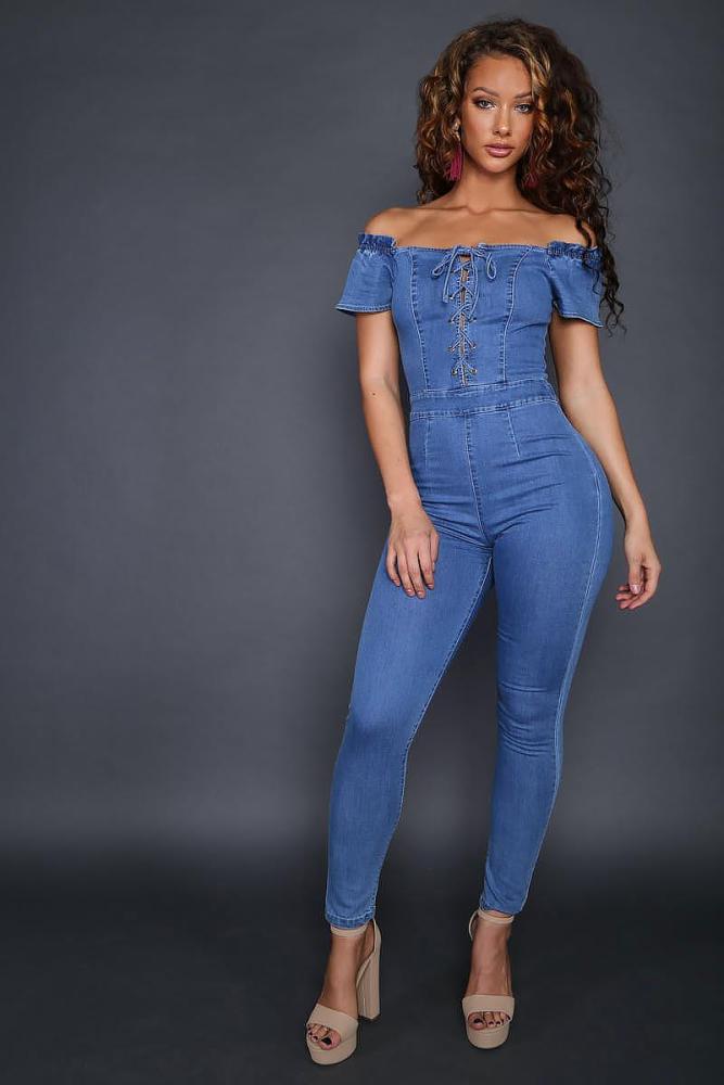 Fashion corns strap sexy denim Jumpsuit