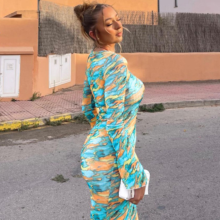 Fashion Printed Slim Round Neck Long Sleeve Dress