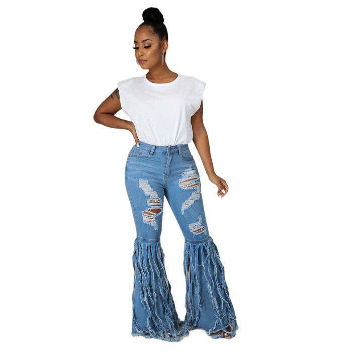 Sexy fashion tassel pierced elastic flared pants