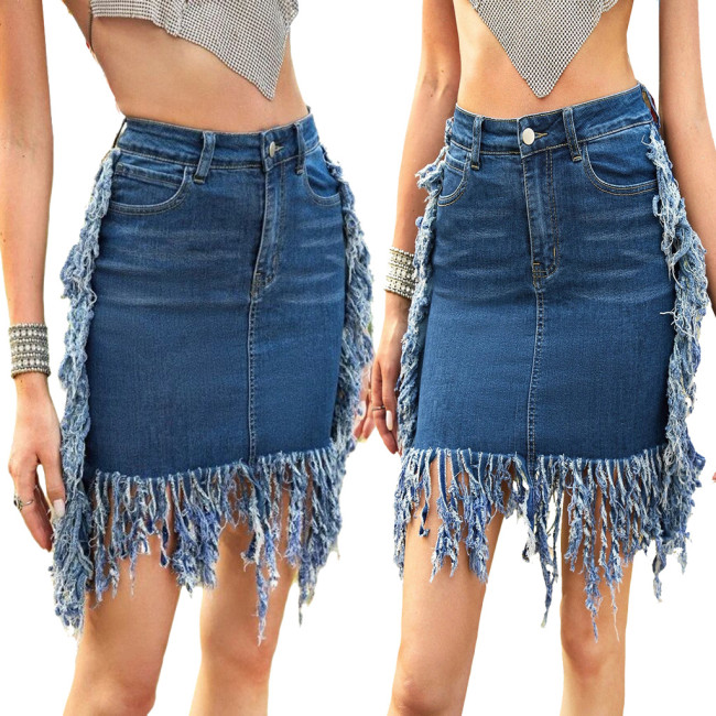 Sexy water wash denim tassel high waist skirt